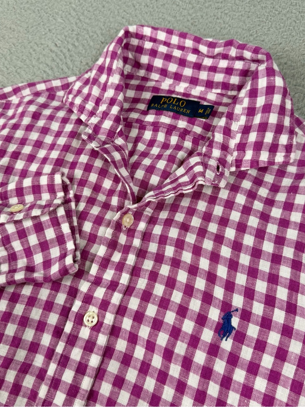 Polo Ralph Lauren Linen Shirt Mens Medium Purple White Plaid Button Long Sleeve